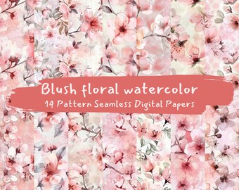 Blush floral watercolor Pattern Seamless Digital Papers - printable scrapbook paper instant download, commercial use, 300dpi