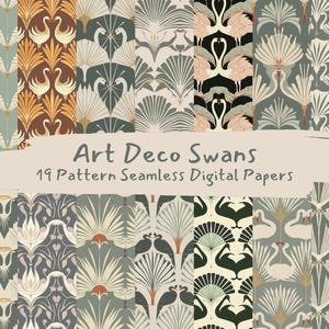 May include: A set of 19 digital papers featuring Art Deco style swan designs. The patterns are in various colors, including green, blue, brown, and white. The patterns are seamless and can be used for a variety of projects.