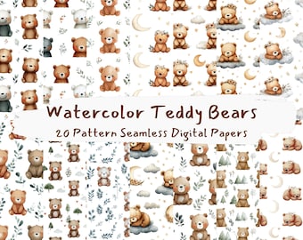 Watercolor Teddy Bears Pattern Seamless Digital Papers - printable scrapbook paper png instant download commercial use 300dpi