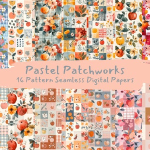 May include: A set of 16 digital papers featuring pastel patchwork patterns with apples, flowers, and gingham designs.  The papers are seamless and perfect for crafting projects.