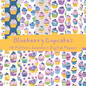 Blueberry Cupcakes Pattern Seamless Digital Papers - descarga instantánea de papel de álbum de recortes imprimible, uso comercial, 300dpi
