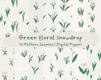 Papeles digitales sin costuras con estampado floral verde de campanillas de invierno - papel para álbumes de recortes imprimible en formato PNG, descarga instantánea para uso comercial, 300 ppp.