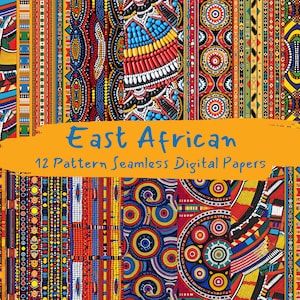 Könnte beinhalten: Ein Set mit 12 digitalen Papieren mit farbenfrohen ostafrikanischen Mustern. Die Muster sind inspiriert von traditioneller Perlenarbeit und Textilien und eignen sich perfekt für Bastelprojekte, Scrapbooking und mehr.