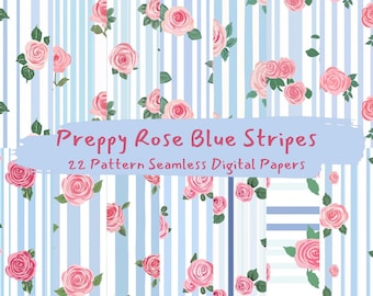 Preppy Rose Blue Stripes Pattern Seamless Digital Papers - printable scrapbook paper png instant download commercial use 300dpi
