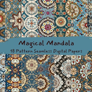 Puede incluir: Una colección de 18 papeles digitales sin costuras con intrincados diseños de mandala. Los diseños presentan una variedad de colores, incluyendo verde azulado, marrón y crema, con elementos florales y geométricos. El texto en la imagen dice "Magical Mandala".