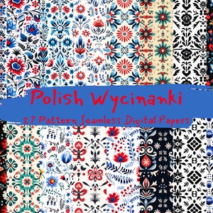 May include: A set of 27 digital paper patterns featuring colorful Polish folk art designs. The patterns are seamless and can be used for a variety of crafting projects.