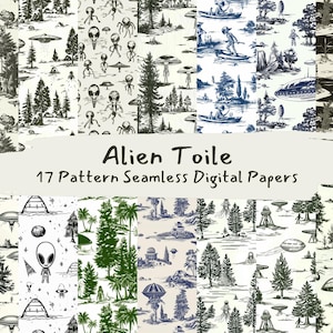 May include: A digital paper pack with 17 seamless patterns featuring a retro alien and space theme. The patterns include aliens, spaceships, trees, and other space-related imagery. The patterns are in black and white and have a vintage toile style.