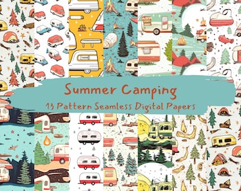 Summer Camping Pattern Seamless Digital Papers - printable scrapbook paper png instant download commercial use 300dpi
