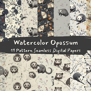 May include: A set of 19 digital papers featuring watercolor illustrations of possums in various poses and settings. The papers feature a variety of floral patterns and colors, including pink, blue, green, and yellow.