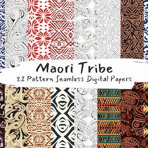May include: A set of 22 digital papers featuring Maori tribal patterns. The patterns are in various colors, including black, white, red, blue, brown, and yellow. The patterns are geometric and abstract.
