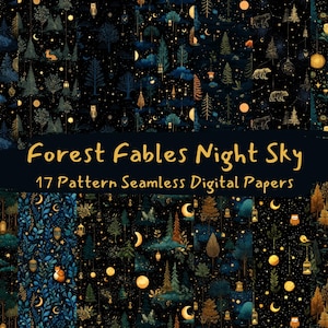 May include: Digital paper set featuring a dark night sky with a forest theme. The design includes trees, moons, stars, and lanterns in shades of blue, gold, and brown. The text "Forest Fables Night Sky" and "17 Pattern Seamless Digital Papers" is displayed.