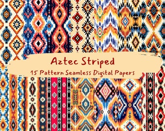 May include: A set of 15 digital papers featuring Aztec-inspired patterns in a variety of colours, including red, orange, yellow, blue, and black. The patterns are geometric and striped, and they would be perfect for use in crafting projects, scrapbooking, or digital design.