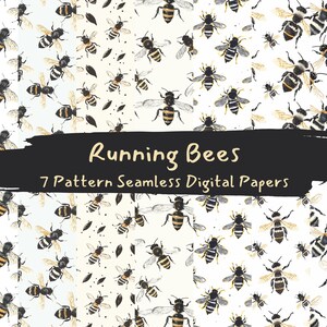 May include: Seven digital paper patterns featuring watercolour illustrations of bees in flight. The patterns are seamless and feature a white background with black and yellow bees.