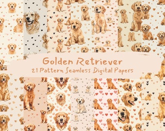 May include: A digital paper pack featuring 21 seamless patterns of golden retriever dogs with hearts. The patterns are in various colors, including beige, brown, and pink.