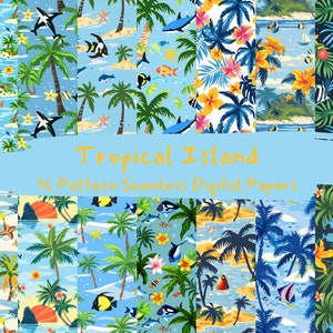 Pode incluir: Um conjunto de 16 papéis digitais com padrões de ilhas tropicais. Os padrões incluem palmeiras, flores, peixes e conchas em uma variedade de cores, incluindo azul, verde, amarelo e rosa.