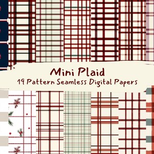 May include: A set of 19 digital paper patterns featuring various plaid designs in red, white, and black. The patterns are seamless and can be used for crafting, scrapbooking, and other creative projects. "Mini Plaid 19 Pattern Seamless Digital Papers" is written in white text on a white background.