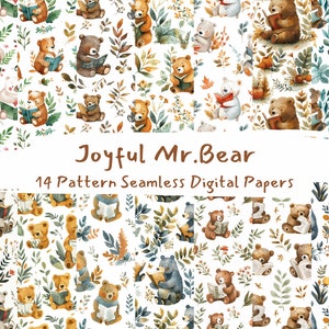 Joyful Mr.Bear Pattern Seamless Digital Papers - papel de scrapbook para impressão, download instantâneo, uso comercial, 300dpi