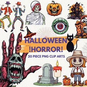 May include: A set of 20 Halloween clip art images featuring a variety of spooky and fun characters, including skeletons, a zombie hand, a pumpkin, a haunted house, a cat, and a scarecrow. The images are in a cartoon style and are perfect for adding a festive touch to your Halloween projects.
