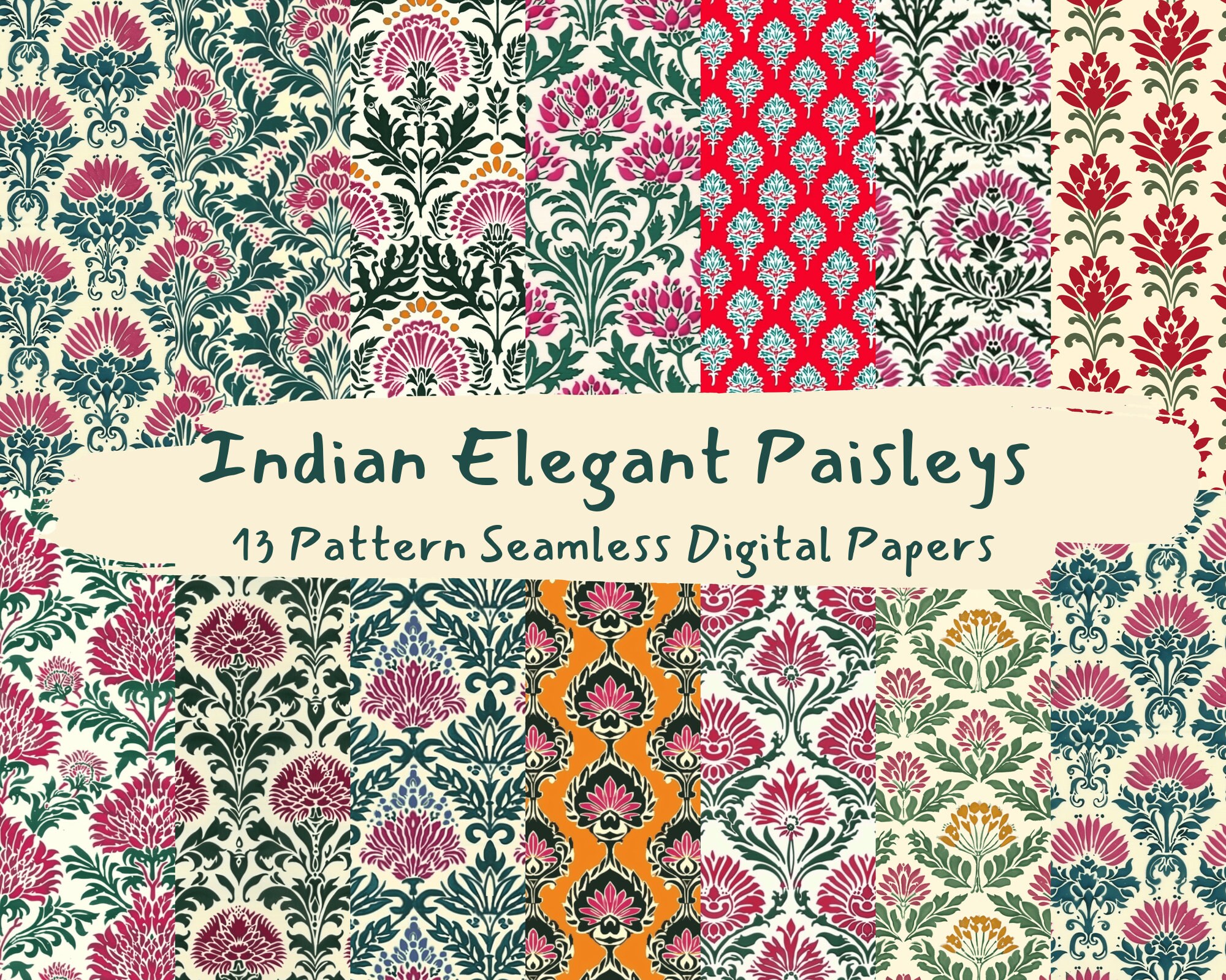 Indian Elegant Paisleys Pattern Seamless Digital Papers - printable scrapbook paper png instant download commercial use 300dpi