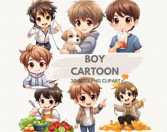 Boy Cartoon digital printable clipart bundle in PNG format transparent background instant download for commercial use