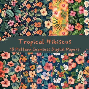 Tropical Hibiscus Pattern Seamless Digital Papers - printable scrapbook paper instant download, commercial use, 300dpi