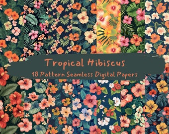 Papeles digitales sin costuras de patrón de hibisco tropical - descarga instantánea de papel de álbum de recortes imprimible, uso comercial, 300 ppp