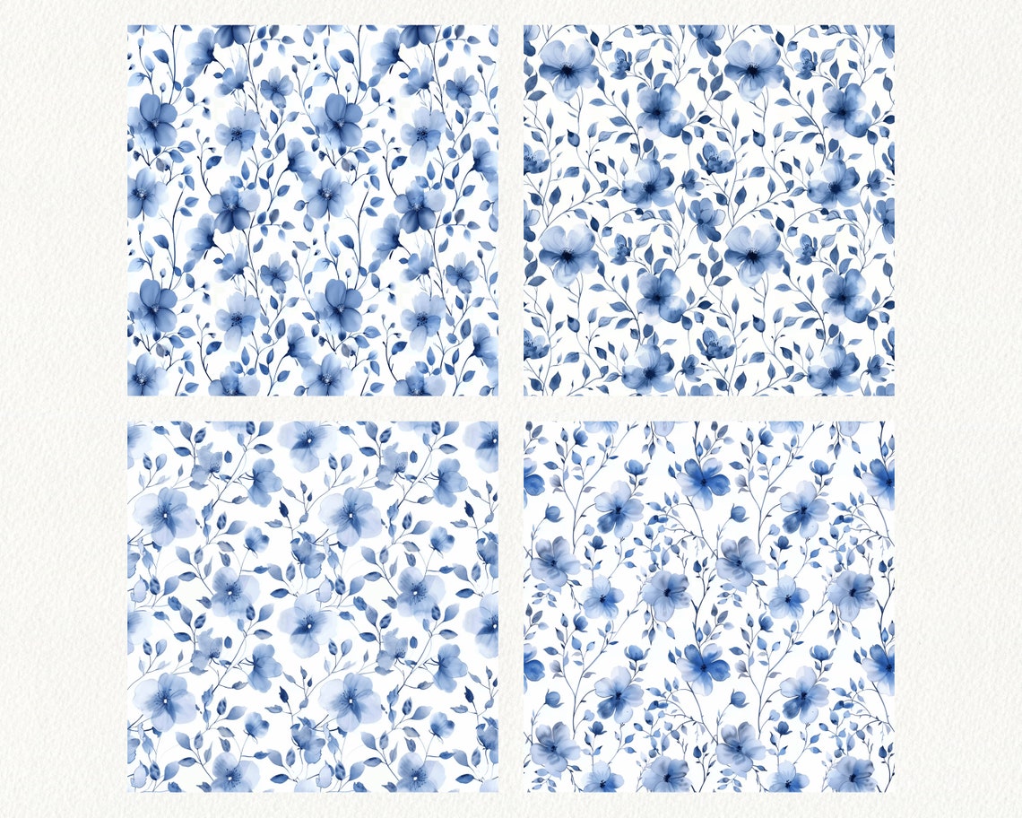Blue Watercolor Florals Pattern Seamless Digital Papers - Printable ...