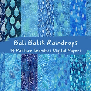 May include: A set of 14 digital papers featuring blue and white batik patterns with raindrops. The patterns are seamless and can be used for a variety of projects, such as scrapbooking, card making, and digital design.