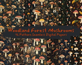 Woodland Forest Mushrooms Pattern Seamless Digital Papers - printable scrapbook paper png instant download commercial use 300dpi