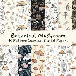 Könnte beinhalten: Ein Set mit 16 digitalen Papieren mit nahtlosen Mustern aus Aquarellpilzen und Blättern in Braun-, Grün- und Weißtönen. Die Papiere eignen sich perfekt für Bastel-, Scrapbooking- und digitale Designprojekte.