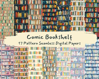 Comic Bookshelf Pattern Seamless Digital Papers - printable scrapbook paper instant download, commercial use, 300dpi
