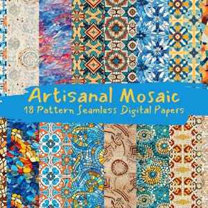 Artisanal Mosaic Pattern Seamless Digital Papers - tile patterns printable scrapbook paper instant download for commercial use, 300dpi