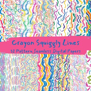 May include: A collection of 32 digital papers featuring colorful crayon-drawn squiggly lines. The papers are seamless and can be used for a variety of creative projects.
