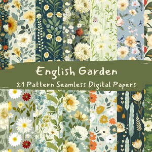May include: A set of 21 digital papers featuring seamless patterns of various floral designs. The patterns include a variety of flowers, leaves, and stems in shades of green, blue, yellow, red, and white. The text "English Garden 21 Pattern Seamless Digital Papers" is displayed on a green background.