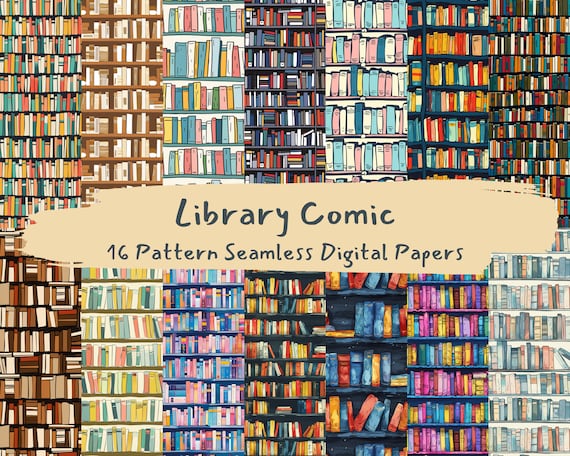 Library Comic Pattern Seamless Digital Papers - printable scrapbook paper instant download, commercial use, 300dpi