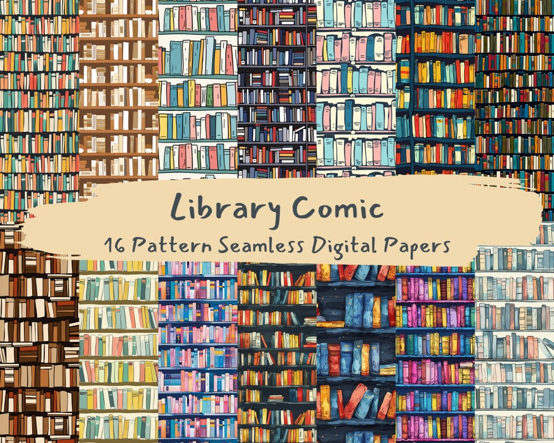 Bibliotheks-Comic-Muster, nahtlose digitale Papiere – druckbares Scrapbook-Papier, sofortiger Download, kommerzielle Nutzung, 300 dpi Bild 1