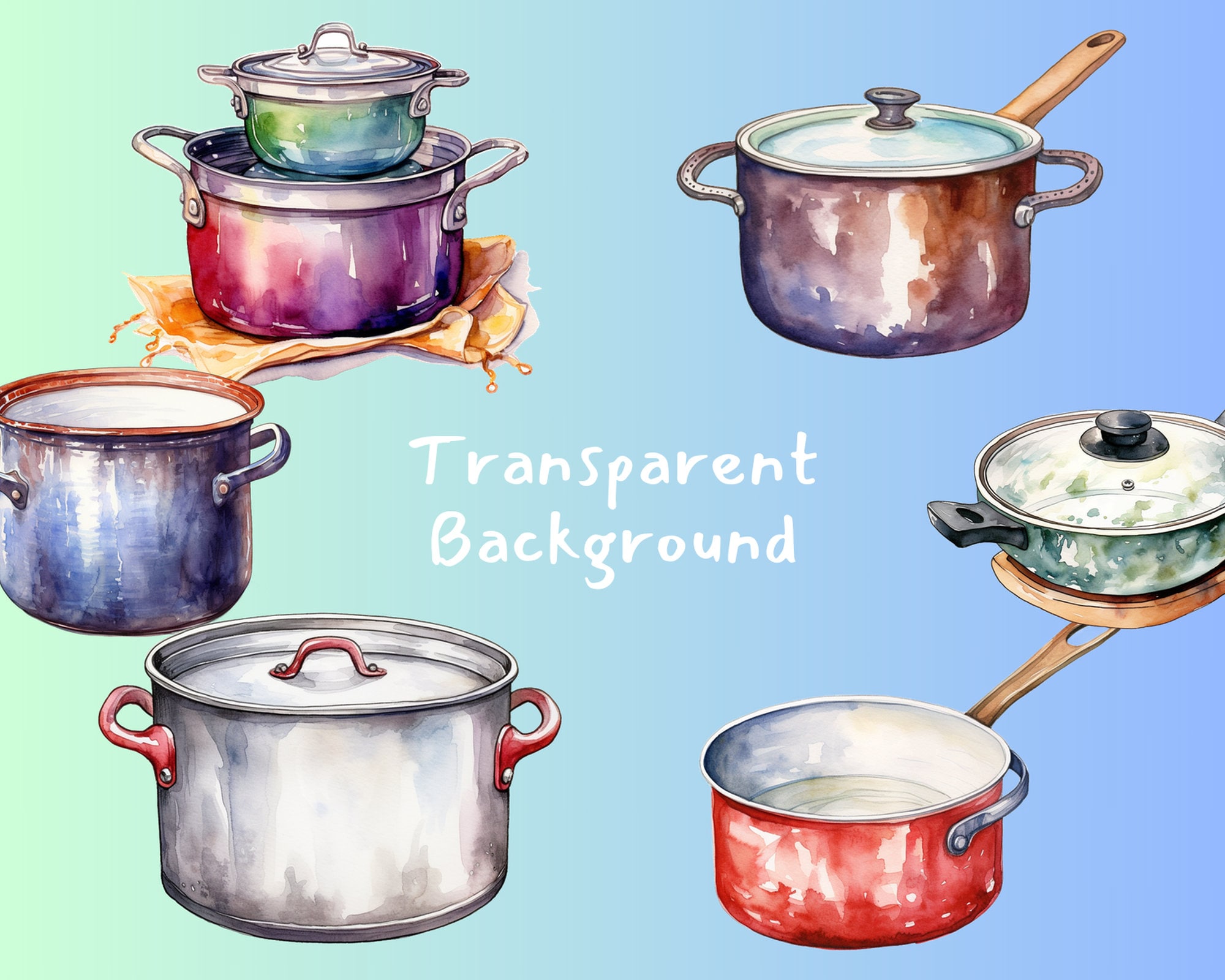 Watercolor Cookware Digital Printable Clipart Bundle in PNG Format ...