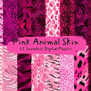 Puede incluir: Un paquete de papel digital con 22 patrones sin costuras de estampados de animales rosas. Los patrones incluyen estampados de cebra, leopardo, guepardo y jirafa. El texto "Pink Animal Skin 22 Seamless Digital Papers" se muestra sobre un fondo rosa.