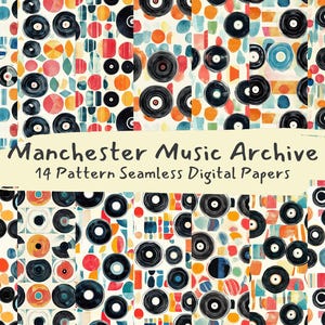 May include: A digital paper design featuring a collage of colorful shapes and vinyl records. The design includes circles, rectangles, and other shapes in shades of orange, blue, red, and black. Text reads "Manchester Music Archive 14 Pattern Seamless Digital Papers."
