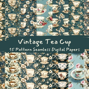 Vintage tasse à thé motif papiers numériques sans couture - imprimable scrapbooking papier png téléchargement immédiat usage commercial 300dpi