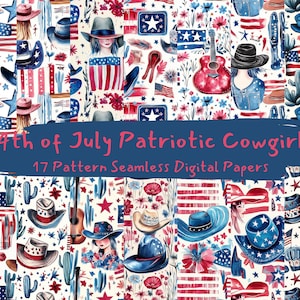 4th of July Patriotic Cowgirl Pattern Seamless Digital Papers - printable scrapbook paper png instant download commercial use 300dpi