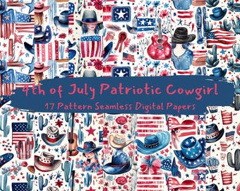 4th of July Patriotic Cowgirl Pattern Seamless Digital Papers - printable scrapbook paper png instant download commercial use 300dpi
