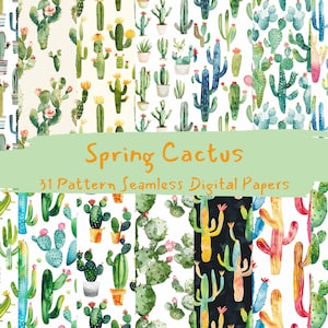 Spring Cactus Pattern Seamless Digital Papers - download immediato di carta scrapbook stampabile, uso commerciale, 300dpi