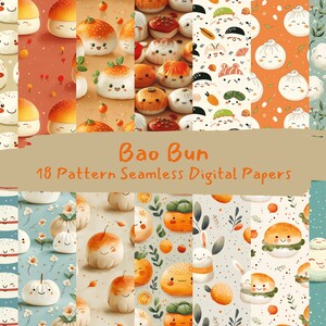 Puede incluir: Un conjunto de 18 papeles digitales con adorables dibujos animados de bollos bao en varios colores y patrones. Los papeles son perfectos para manualidades, scrapbooking y proyectos de diseño digital. Bao Bun 18 Pattern Seamless Digital Papers.