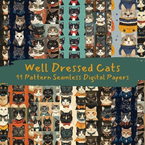 Well Dressed Cats Pattern Seamless Digital Papers - printable scrapbook paper png instant download commercial use 300dpi