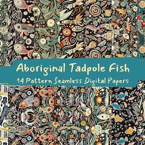 May include: A set of 14 digital papers featuring colorful, abstract patterns of tadpole fish, seaweed, and other aquatic life. The patterns are inspired by Aboriginal art and are perfect for crafting, scrapbooking, and other creative projects.