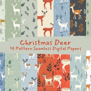 Puede incluir: Un conjunto de 14 patrones de papel digital con un tema de ciervo navideño. Los patrones incluyen varios colores, como rojo, verde, azul y blanco, y presentan diferentes diseños de ciervos, hojas y copos de nieve.