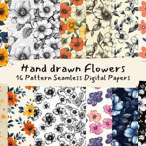 Hand drawn Flowers Pattern Seamless Digital Papers - printable scrapbook paper png instant download commercial use 300dpi
