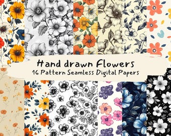 Handgetekende bloemen patroon naadloze digitale papers - afdrukbaar plakboekpapier png instant download commercieel gebruik 300 dpi