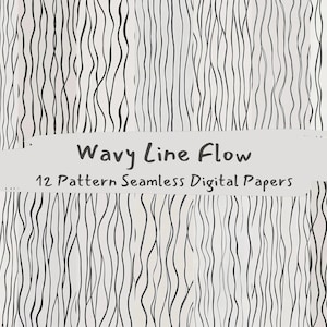 May include: A seamless pattern digital paper with a wavy line flow design. The pattern is black and white and has a subtle texture. The text "Wavy Line Flow 12 Pattern Seamless Digital Papers" is at the bottom of the image.